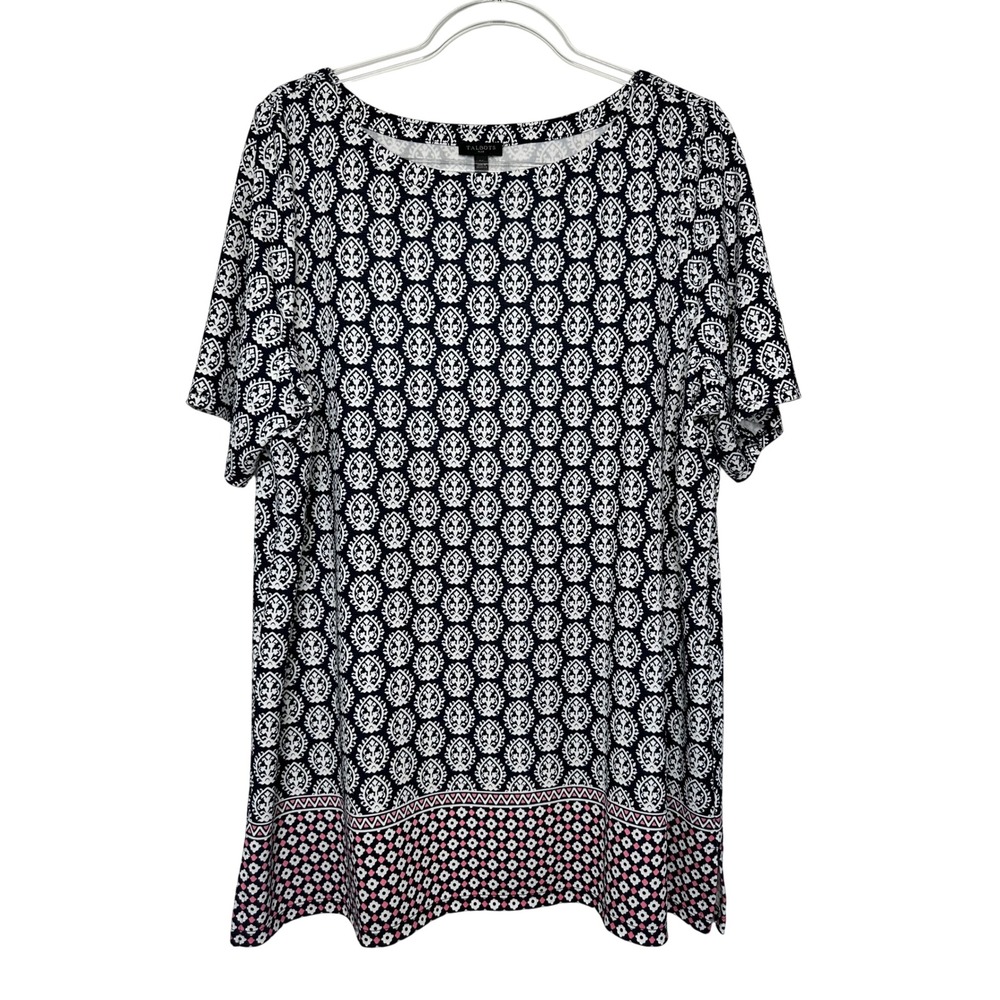 Talbots Medallion Short Sleeve Knit Tunic Top‎ Size 1X Navy Blue Pink Trim